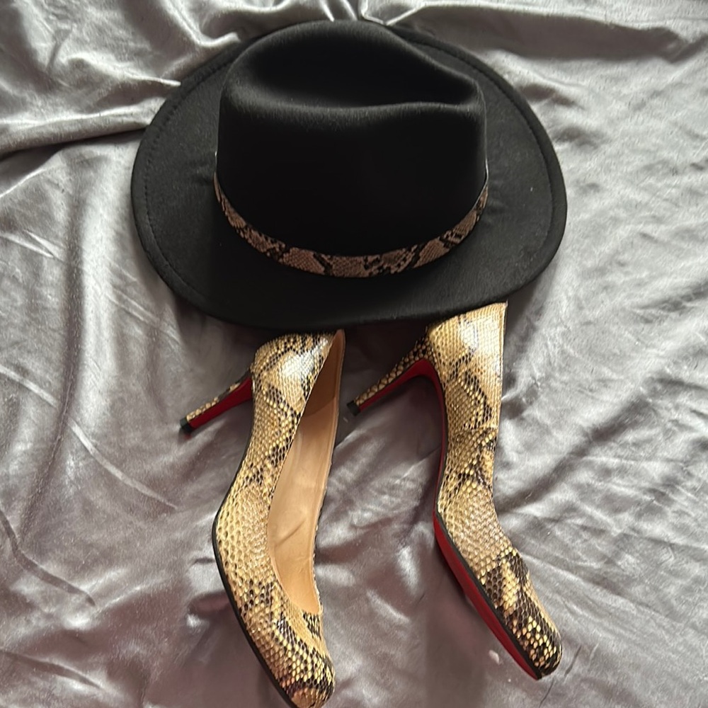 Christian Louboutin Snake Print Heels with Red Soles and matching self made hat